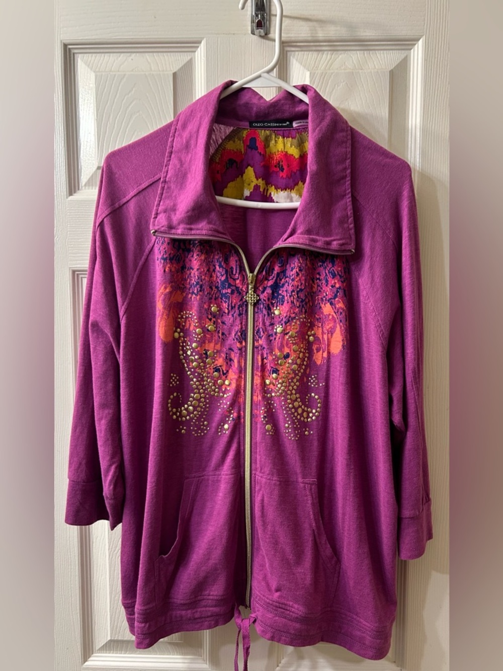 Oleg Cassini Multicolor Abstract Print Zip Jacket in Fuchsia and Mustard